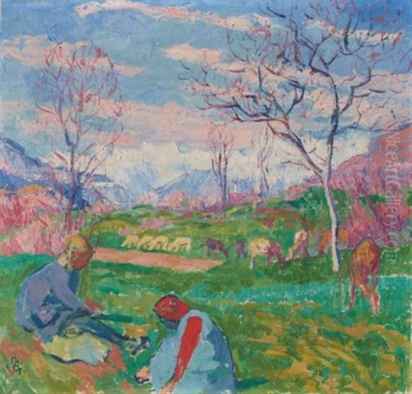 Wiesen Bei Stampa Mit Kindern Und Mit Weidendem Vieh Oil Painting by Giovanni Giacometti