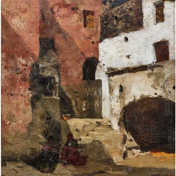 Neapel (sonnenbeschienener Hof Mit Personenstaffage) Oil Painting by Giovanni Giacometti