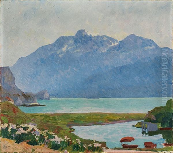 Mattino - Uferlandschaft Des Silsersees Bei Capolago, Mit Blick Auf Den Piz Corvatsch Oil Painting by Giovanni Giacometti