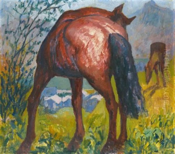 Cavallo Rosso; Red Horse Oil Painting by Giovanni Giacometti