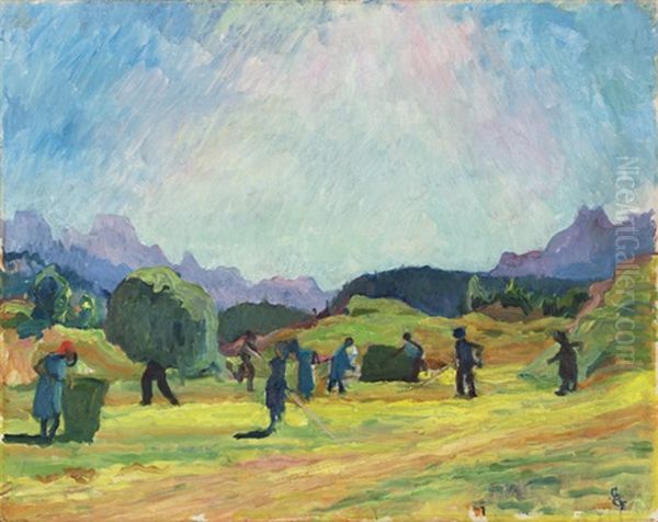 Heuernte In Capolago Mit Blick Auf Die Bergeller Berge Oil Painting by Giovanni Giacometti