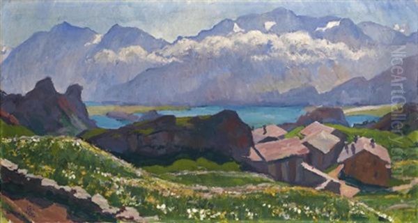 Blick Uber Capolago Auf Den Silsersee (view Over Capolago Towards Lake Sils) Oil Painting by Giovanni Giacometti