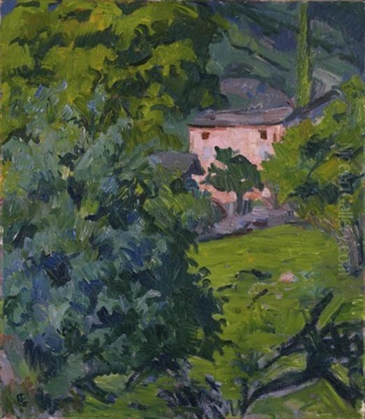 Casa Rossa Nel Verde (red House In Green Landscape) Oil Painting by Giovanni Giacometti