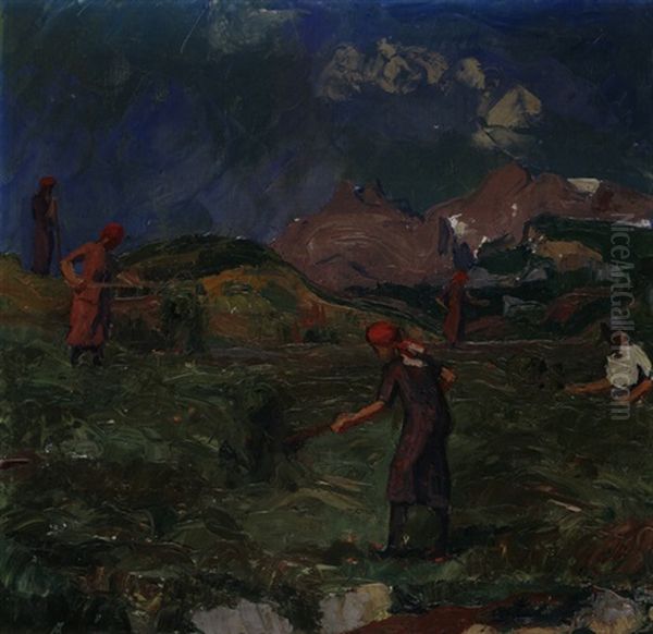 Gebirgslandschaft Mit Arbeitenden Bauerinnen Oil Painting by Giovanni Giacometti