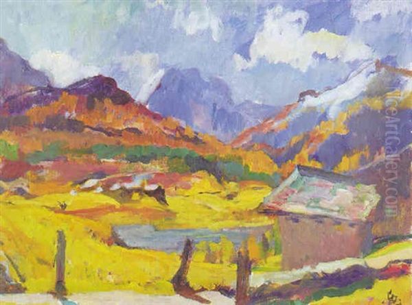 Maloja. Landschaft Bei Maloja Mit Monte Forne Oil Painting by Giovanni Giacometti