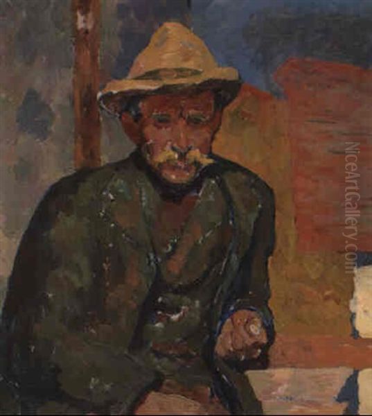 Sitzender Bauer Auf Einer Bank Oil Painting by Giovanni Giacometti