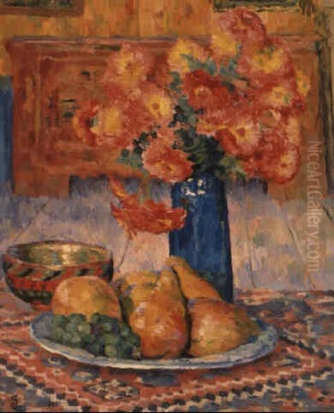 Stilleben Mit Blumenvase Und Fruchten Oil Painting by Giovanni Giacometti