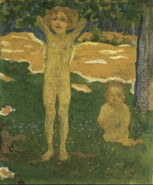 Zwei Kinder In Wiese Oil Painting by Giovanni Giacometti