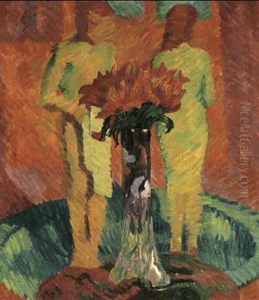 Knabe Und Madchen Hinter Vase Mit Feuerlilien Oil Painting by Giovanni Giacometti