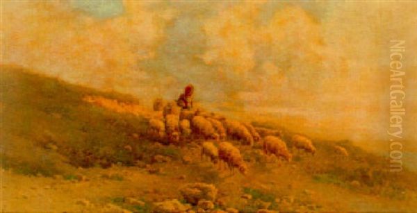 A Shepherdess With Her Flock On A Hillside Oil Painting by Angelos Giallina