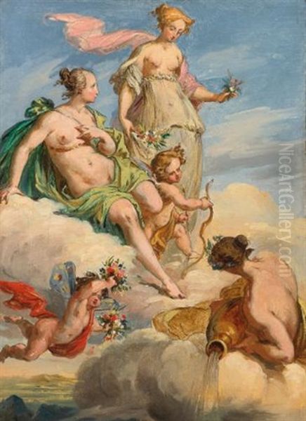 Two Goddesses And A Personification Of A River: A Study For A Ceiling Oil Painting by Felice Giani