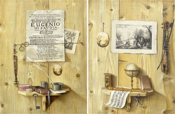 Pair Of Works: Trompe-l'oeil With Rosary, Spectacles, Book And Ink Well/ Trompe-l'oeil With Globe, Musical Instruments, Score And Hour Glass Oil Painting by Antonio Gianlisi