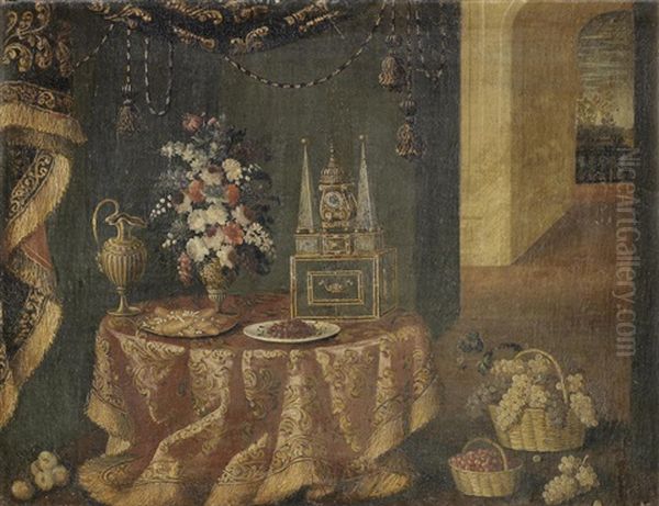 A Bronze Urn Of Flowers With A Dish Of Sweetmeats And A Clock Together On A Draped Table Oil Painting by Antonio Gianlisi