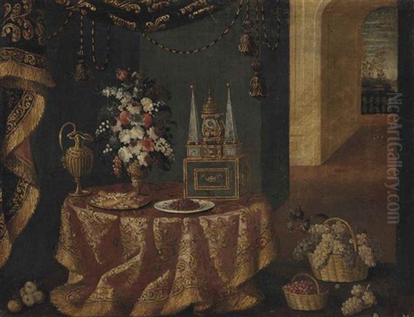 Narcissi, Roses, Lilies, Peonies And Other Flowers In A Sculpted Urn, A Beaker, An Elaborate Clock, Sweatmeats And Cherries On Plates On A Draped Table, With Grapes In Wicker Baskets In An Interior Oil Painting by Antonio Gianlisi