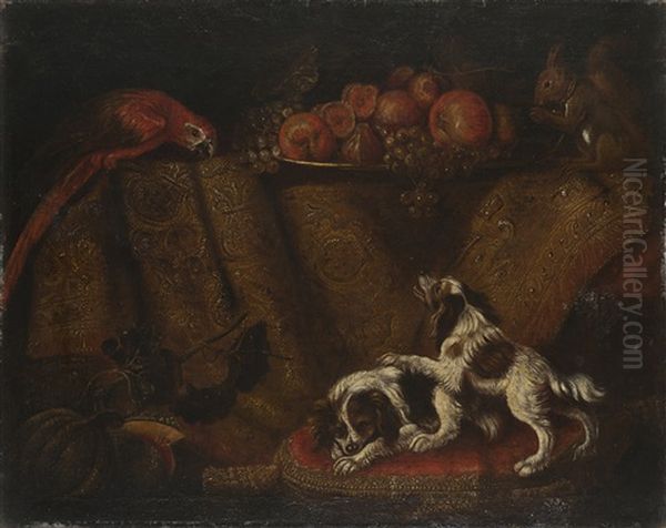 Composizione Di Frutta Su Vassoio E Drappo, Con Coppia Di Cani E Pappagallo Oil Painting by Antonio Gianlisi