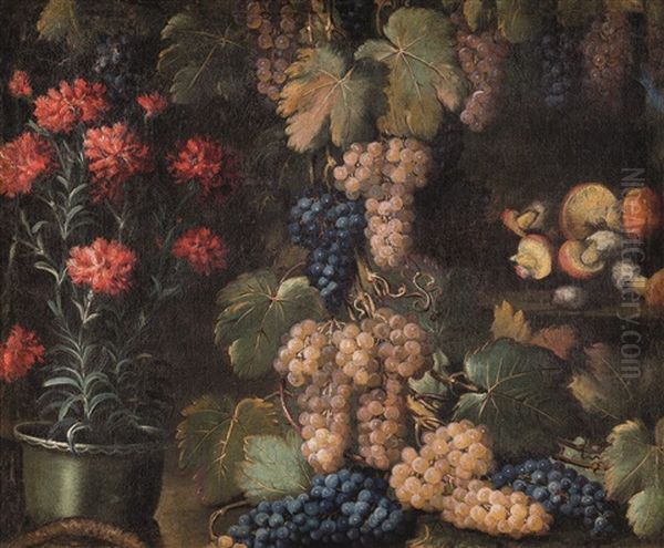 Pesche E Tralci D'uva, Vaso Di Garofani, Funghi Oil Painting by Antonio Gianlisi