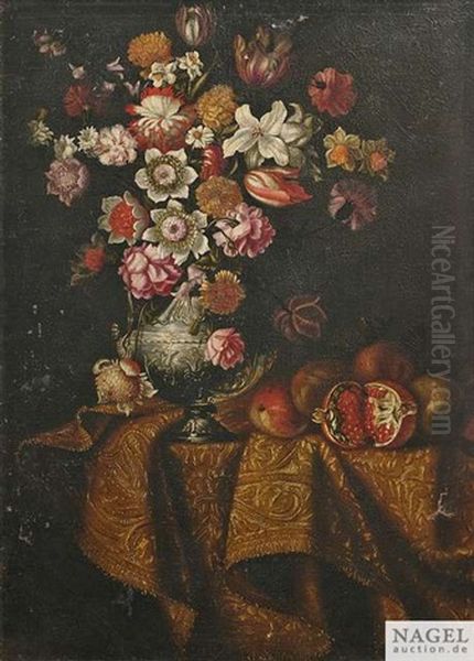 Stilleben Mit Blumen Und Fruchten Auf Einem Tisch, Der Von Einem Teppich Bedeckt Wird Oil Painting by Antonio Gianlisi