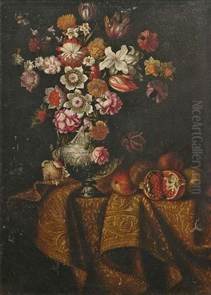 Stilleben Mit Blumen Und Fruchten Auf Einem Tisch, Der Von Einem Teppich Bedeckt Wird Oil Painting by Antonio Gianlisi