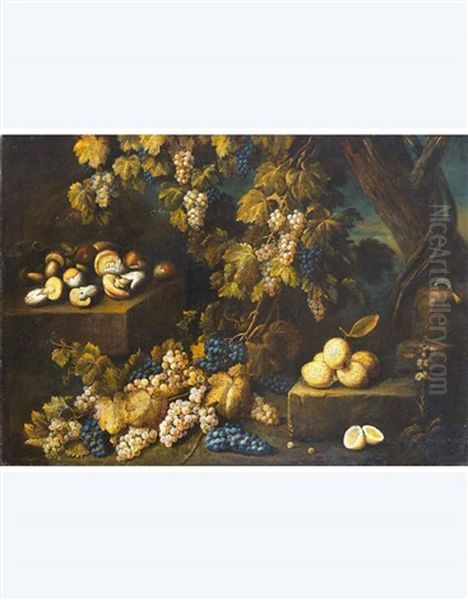 Natura Morta Con Uva, Limoni E Funghi Oil Painting by Antonio Gianlisi