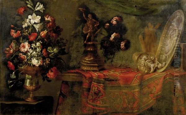 Nature Morte Aux Pieces D'orfevrerie Sur Un Tapis Pose Sur Un Entablement Et Vase De Fleurs Oil Painting by Antonio Gianlisi