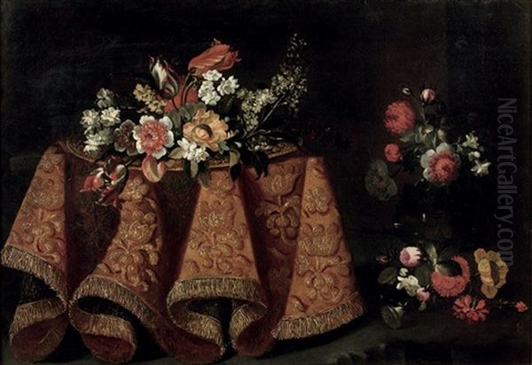 Tulips, Poppies And Various Other Flowers On A Gold Plate On A Table With A Gold Embroidered Cloth, Together With Other Flowers Nearby Oil Painting by Antonio Gianlisi