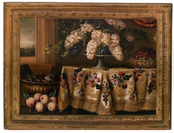 Stillleben Mit Weintrauben Auf Einem Mit Einem Kostbaren, Blumenbestickten Tuch Bedeckten Tisch Oil Painting by Antonio Gianlisi