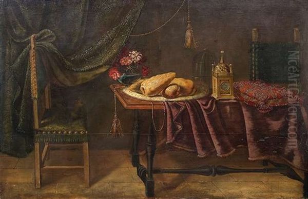 Groses Stillleben. Unter Einer Reichbestickten Draperie Sind Auf Einer Langen Tafel Zitronen Auf Einer Email(?)platte, Nelken In Einer Glasvase Oil Painting by Antonio Gianlisi