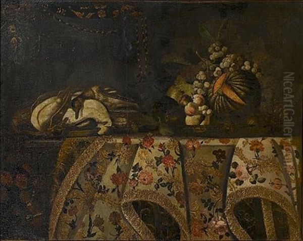 A Melon, Peaches And Grapes And A Dish Of Dead Ducks On A Table Draped With A Carpet Oil Painting by Antonio Gianlisi