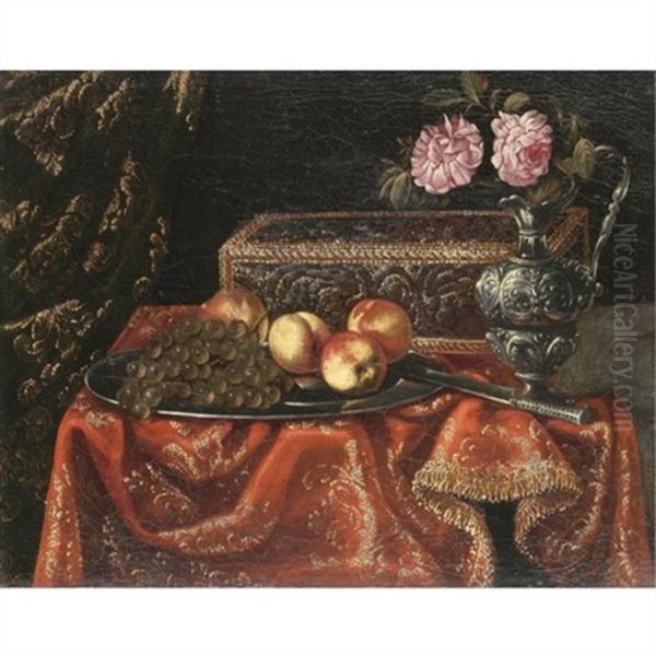 A Still Life With Grapes And Peaches On A Pewter Plate, Together With An Inlaid Coffer And Roses In A Pewter Ewer On A Table Draped With A Red Embroidered Cloth by Antonio Gianlisi