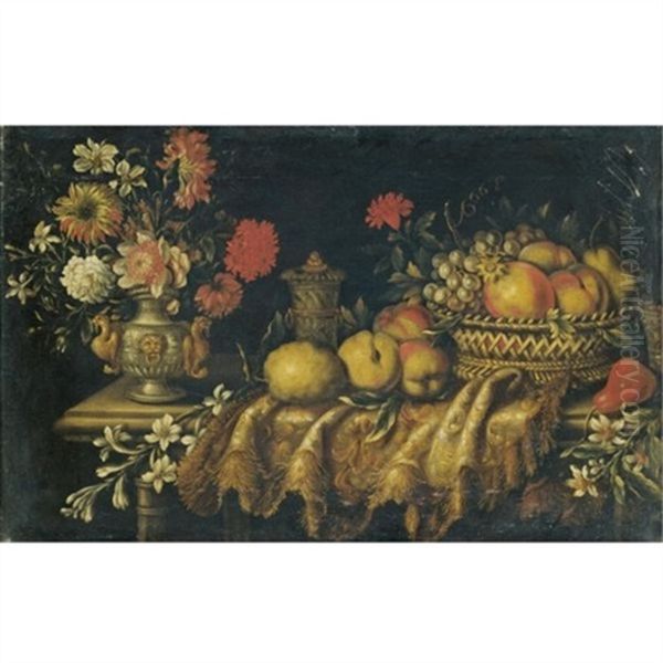 A Still Life With Grapes And Peaches In A Basket, A Pear And Various Other Fruits And Orange Blossom, Together With An Urn With Various Flowers On A Stone Table Draped With An Elaborately Embroidered Oil Painting by Antonio Gianlisi