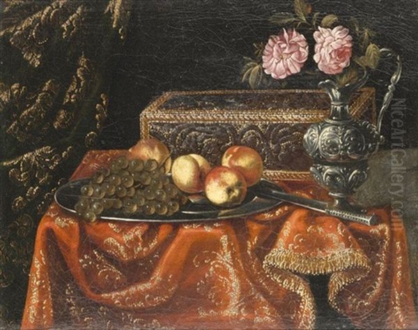 A Still Life With Grapes And Peaches On A Pewter Plate, Together With An Inlaid Coffer And Roses In A Pewter Ewer On A Table Draped With A Red Embroidered Cloth Oil Painting by Antonio Gianlisi