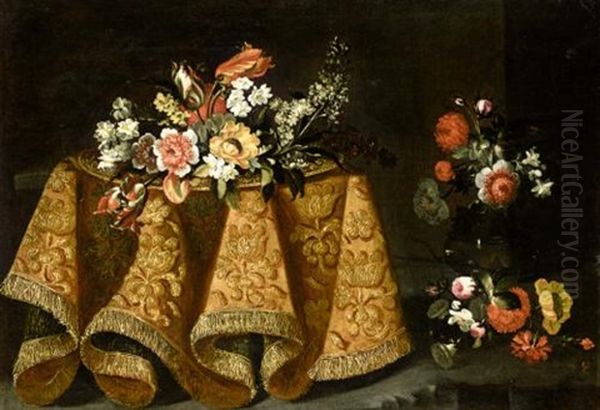 Still Life With A Bouquet Of Flowers On A Gold Plate On A Table Draped With A Gold Embroidered Cloth, A Vase Of Flowers Beyond Oil Painting by Antonio Gianlisi