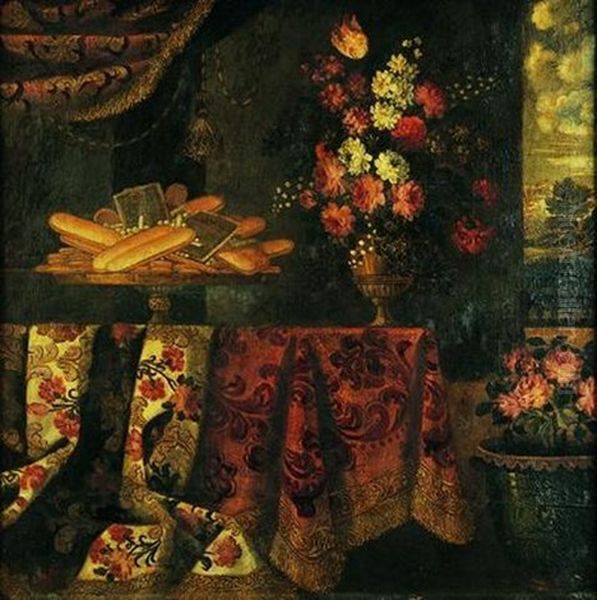 Nature Morte Au Plat De Biscuits Et Vase De Fleurs Sur Un Entablement Recouvert D'un Tapis Oil Painting by Antonio Gianlisi