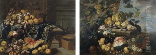 An Interior With A Still Life Of Peaches, Grapes, Plums, A Melon And Flowers, On A Stone Ledge Draped With An Embroidered Tablecloth (+ Landscape With A Still Life; Pair) Oil Painting by Antonio Gianlisi