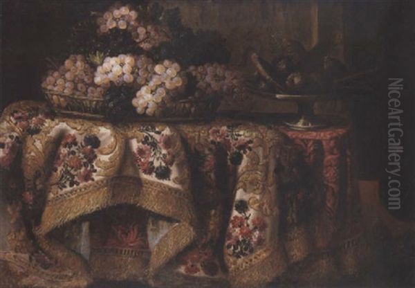 Grapes In A Basket With Sweetmeats On A Salver On A Draped Table Oil Painting by Antonio Gianlisi