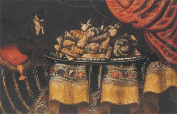 A Still Life Of Candied Fruit And Sweetmeats On A Platter, Resting On A Table Draped With A Carpet, A Monkey On A Cushion Nearby Oil Painting by Antonio Gianlisi