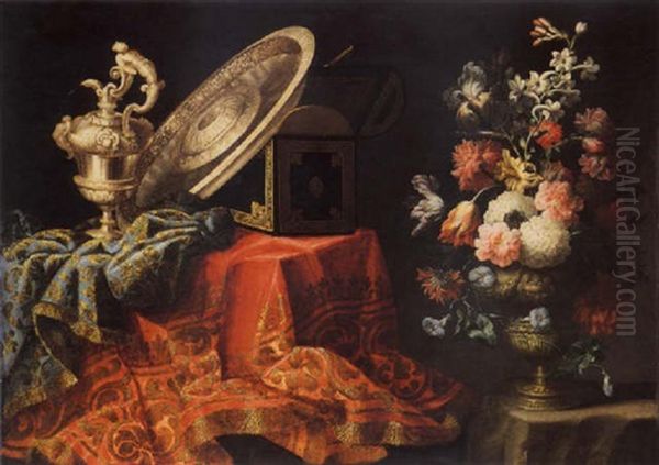 Natura Morta Con Acquamanile, Tesoriere E Vaso Di Fiori Oil Painting by Antonio Gianlisi