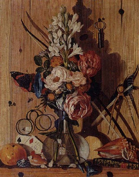 Trompe L'oeil Still Life Of A Vase Of Flowers, Shells And A Book, With Eyeglasses, A Key And Other Objects Tacked To A Wooden Wall Oil Painting by Antonio Gianlisi