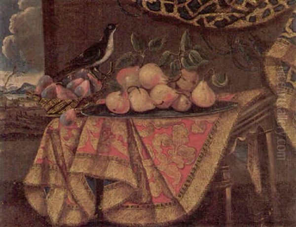 Still Life Of Pears, Plums And A Bird On A Draped Table Oil Painting by Antonio Gianlisi