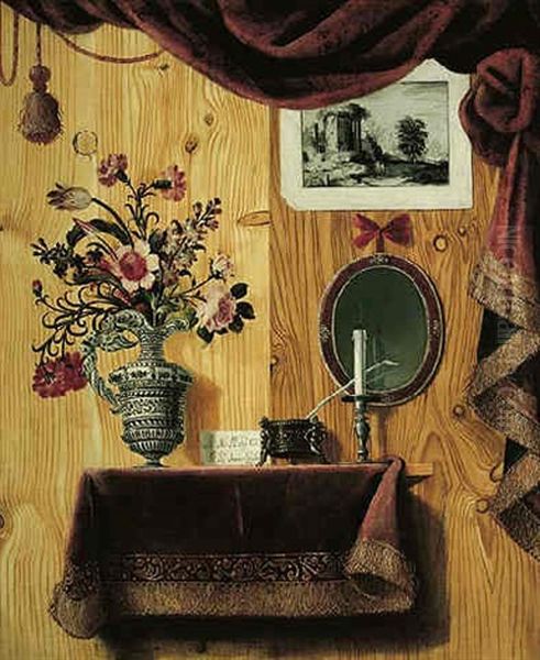 A Trompe L'oeil Still Life Of A Vase Of Flowers, An Inkwell And A Candle On A Ledge And Objects Hanging On A Panelled Wall Oil Painting by Antonio Gianlisi