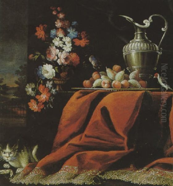 Natura Morta Con Tendaggi, Piatto Di Frutta, Brocca, Vaso Di Fiori E Gatto Oil Painting by Antonio Gianlisi