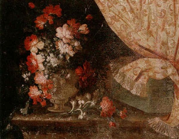 A Still Life Of Flowers In A Vase Upon A Tabletop, With A Draped Embroidered Curtain Oil Painting by Antonio Gianlisi