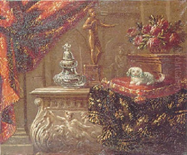 A Still Life Of A Terrier On A Cushion On A Carved Marble Ledge Beside A Statue And A Vase Of Roses Beneath A Red Curtain Oil Painting by Antonio Gianlisi