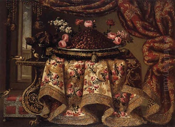 A Platter Of Wild Strawberries With Flowers On A Pillow And A Tazza Of Figs On A Console Table Partially Draped With A Cloth Oil Painting by Antonio Gianlisi