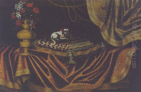 A Toy Spaniel On An Embroidered Cushion With A Vase Of Flowers On A Draped Table Oil Painting by Antonio Gianlisi