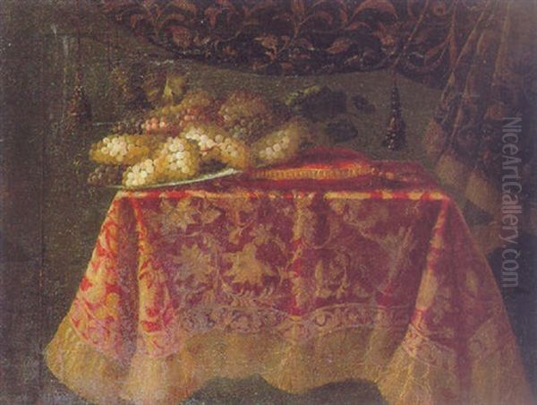 A Still Life Of Grapes On A Silver Plate On A Red Velvet Cushion On A Red And Gold Rug On A Table Oil Painting by Antonio Gianlisi