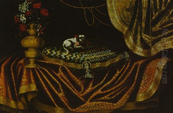 A Toy Spaniel On An Embroidered Cushion With A Vase Of Flowers On A Draped Table Oil Painting by Antonio Gianlisi