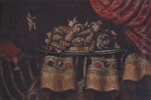 A Monkey Eating Candied Fruit And Sweetmeats On A Platter On A Draped Table Oil Painting by Antonio Gianlisi