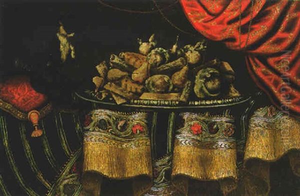 A Monkey Eating Candied Fruit And Sweetmeat On A Platter On A Draped Table Oil Painting by Antonio Gianlisi