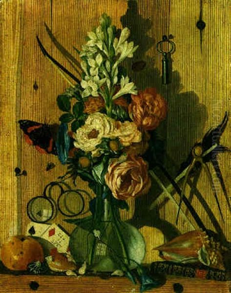 Trompe L'oeil Still Life Of A Vase Of Flowers, Shells, And A Book, With Eyeglasses, A Key And Other Objects Tacked To A Wooden Wall Oil Painting by Antonio Gianlisi